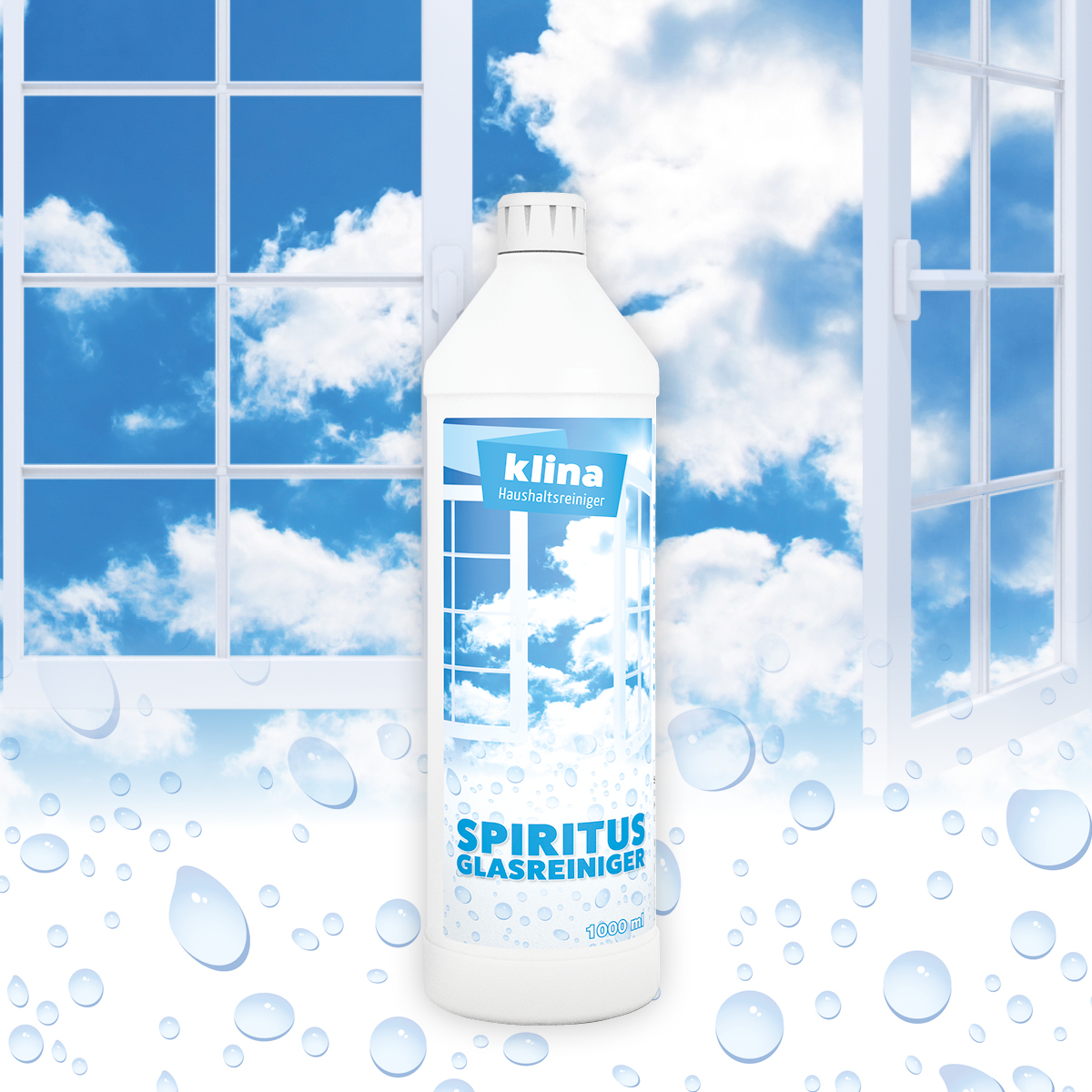 Flasche: klina Spiritus Glasreiniger vor Fenster