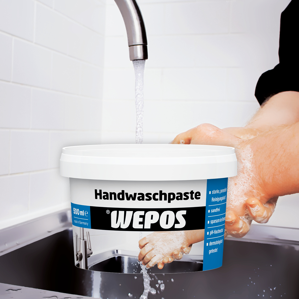 Handwaschpaste Eimer Wepos Handwaschpaste unter Wasserhahn