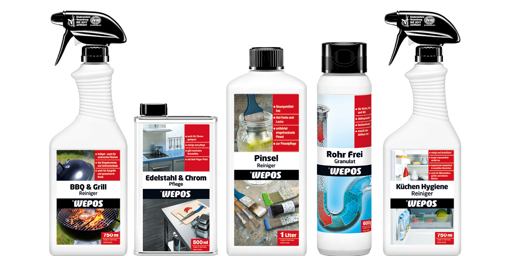 Abbildung fünf verschiedener Wepos Reiniger nebeneinander