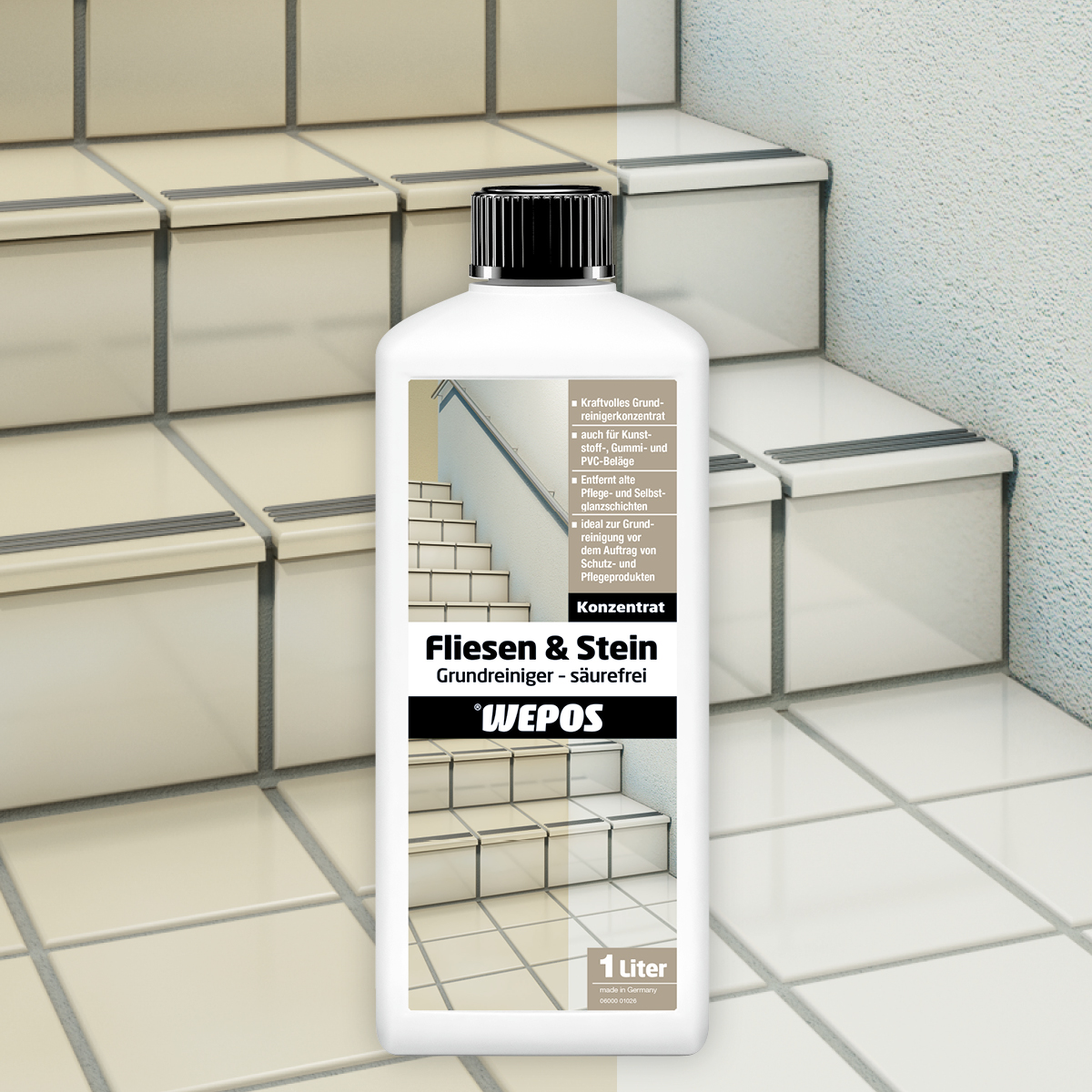 Kunststoffflasche: Fliesen- und Steinreiniger vor Treppe