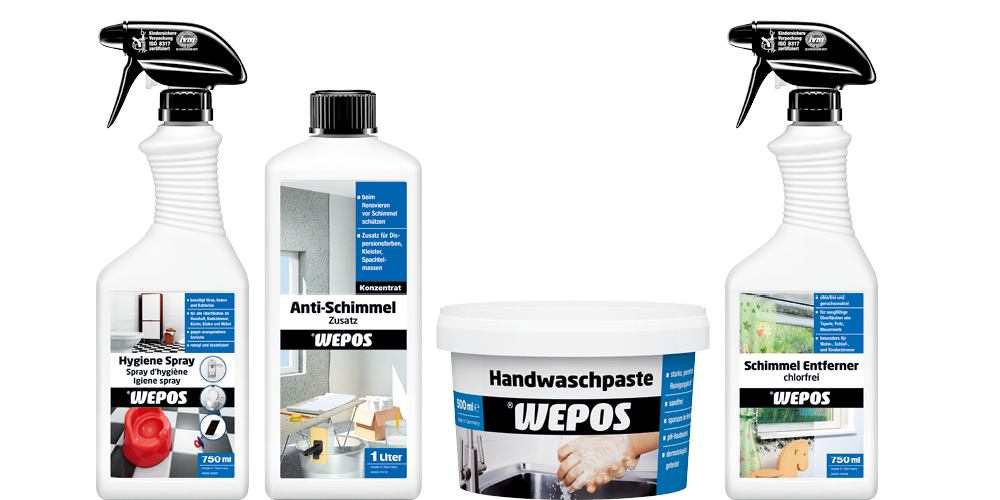 Abbildung vier verschiedener Wepos Reiniger nebeneinander