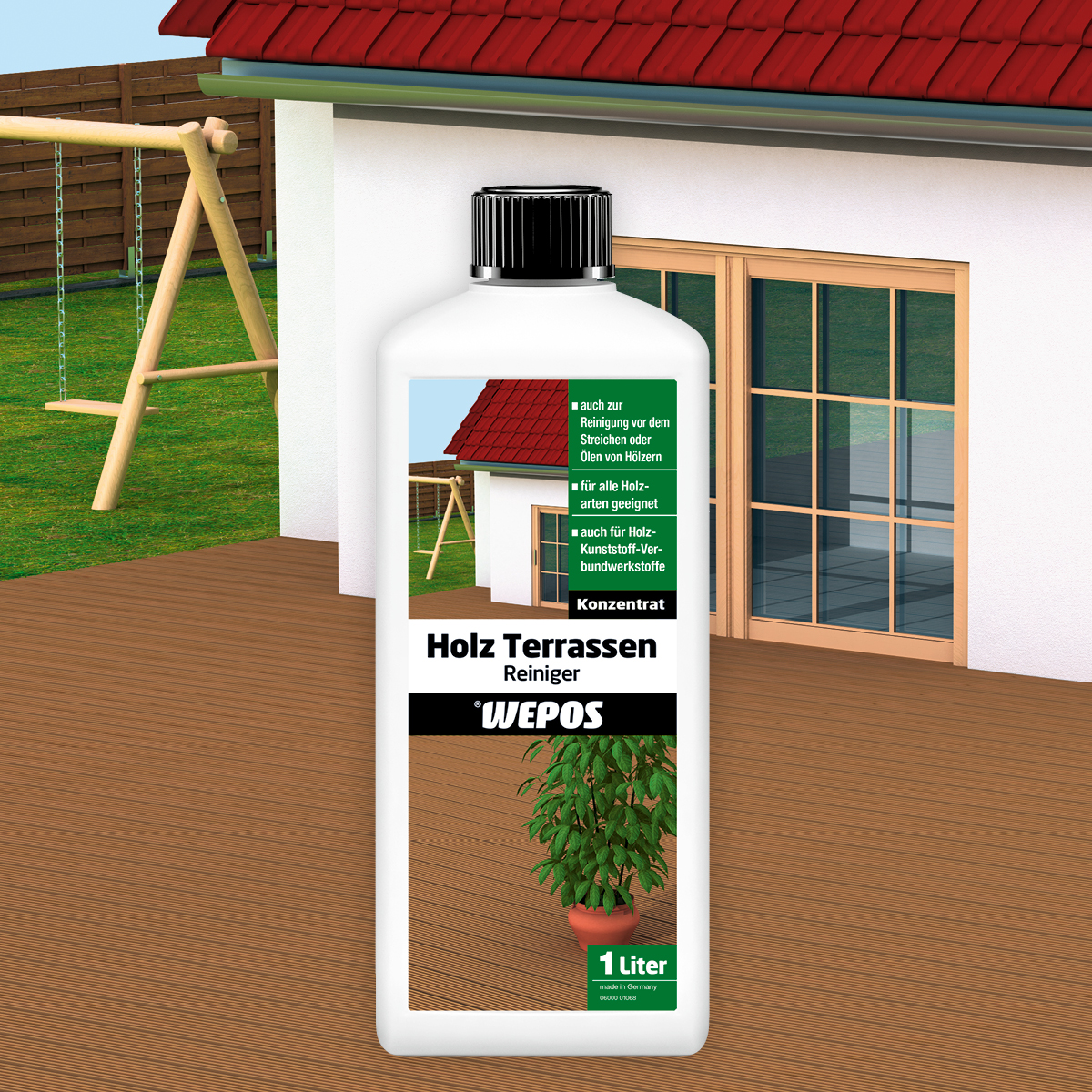 Holz Terrassen Reiniger Kunststoffflasche Wepos Terassenreiniger vor 3D Modell eines Hauses
