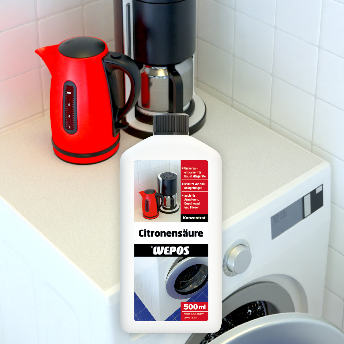 Citric Acid Wepos Citronensäure in Plastikflasche vor Waschmaschine