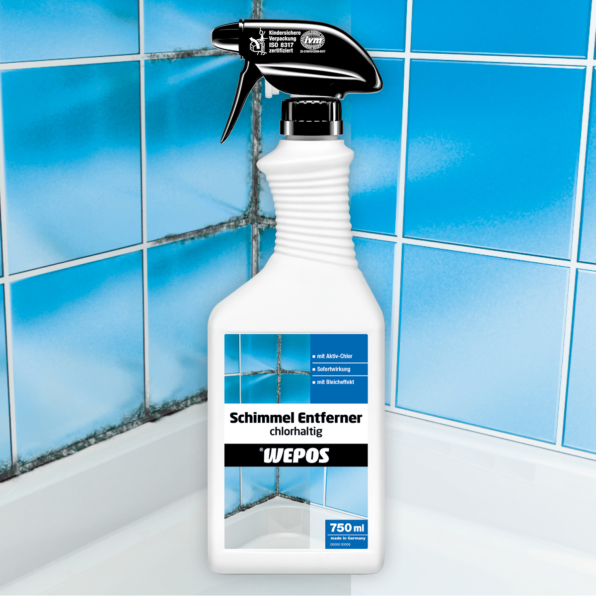 Schimmel Entferner chlorhaltig Sprühflasche Wepos Schimmel Entferner chlorhaltig vor Fliesen
