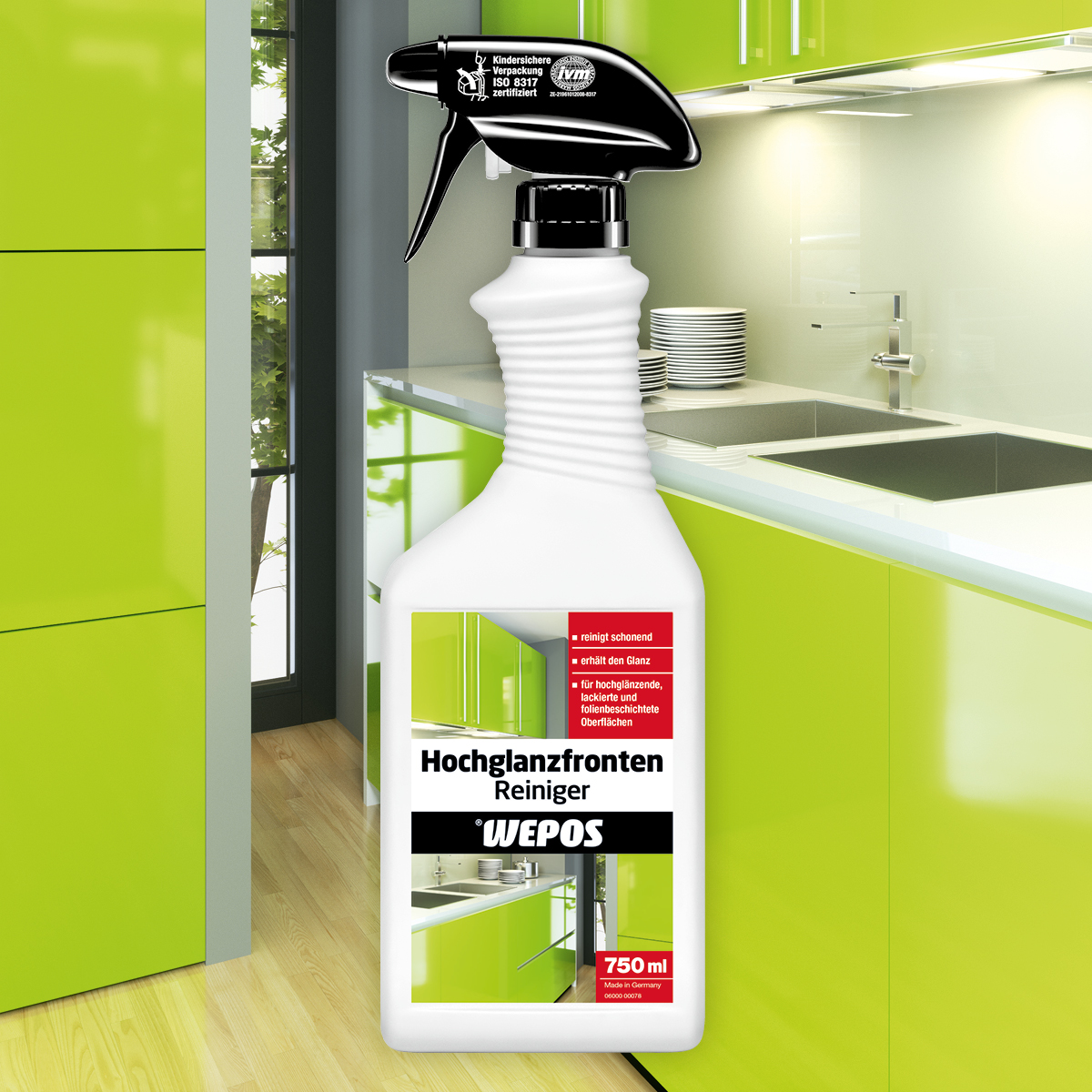 Hochglanzfronten Reiniger Sprühflasche Wepos Hochglanzfrontenreiniger vor grüner Küche