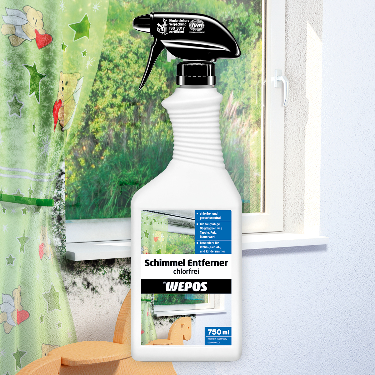 Schimmel Entferner chlorfrei Sprühflasche Wepos Schimmelentferner vor schimmeliger Fensterbank